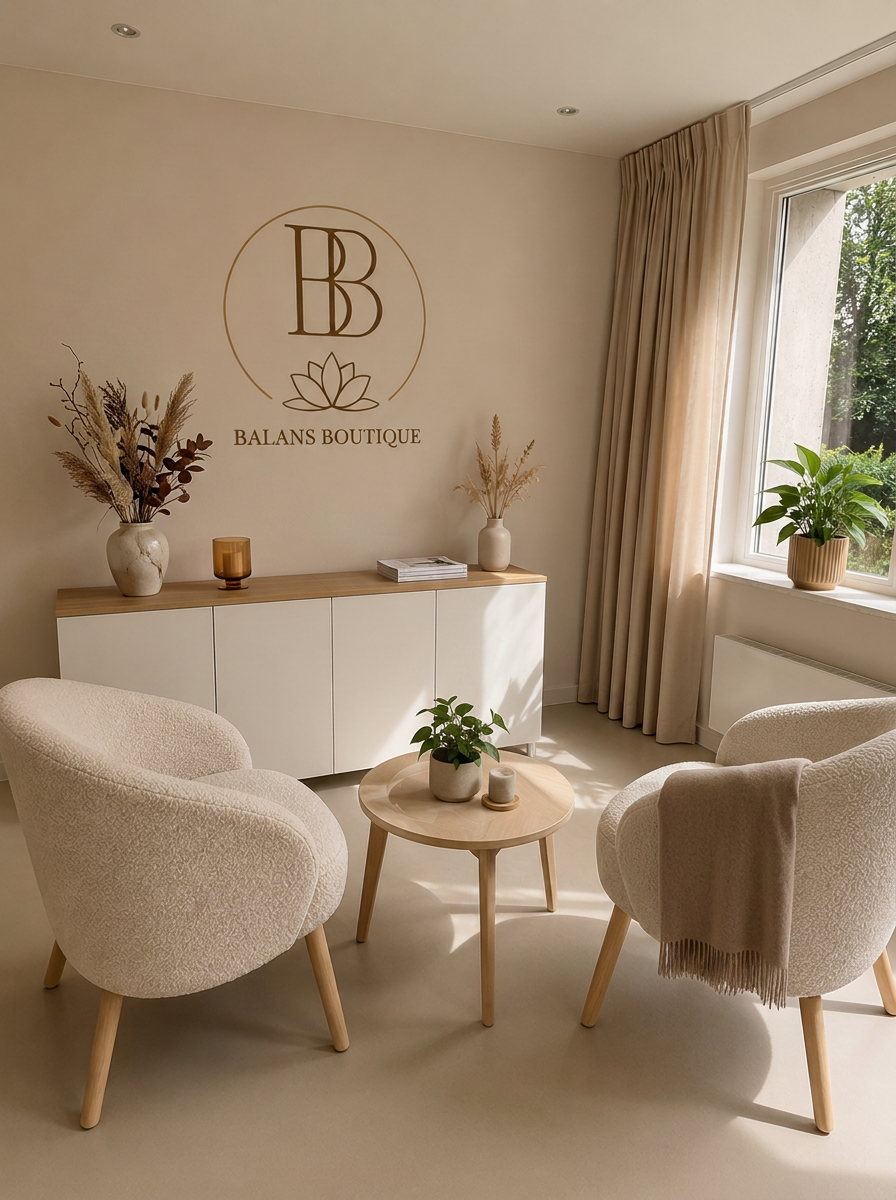 Ontvangstruimte van Balans Boutique met logo op de wand