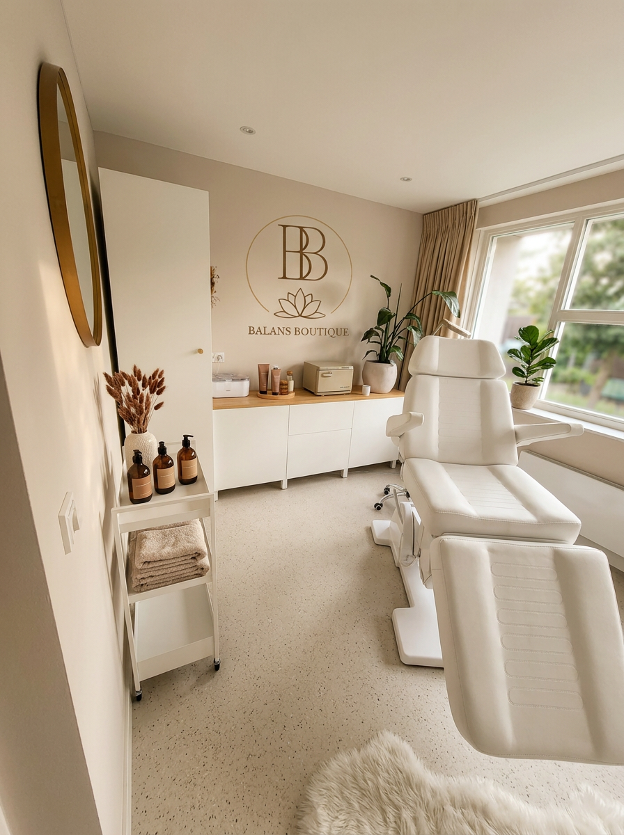 Behandelkamer van Balans Boutique met logo op de wand